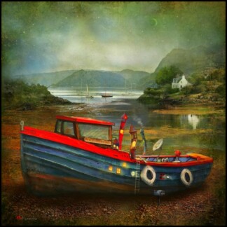 Ceol Mor (Plockton) depicts a whimsical, brightly colored fishing boat on a lake shore near green hills and mountains, with a white cottage by the water, all shown in a dreamy, painted style.