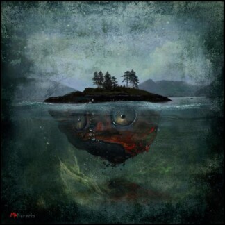 A dark, mysterious scene features "The Island(Plockton)": a small tree-covered island floating on water, while beneath, a large rocky creature with big eyes blends into the island's base.