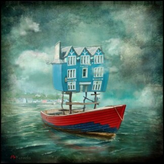 Day Trip (Tobermory) features a surreal red and blue boat on the water, carrying a whimsical blue house with windows and chimney, set against a dreamy misty backdrop with distant town buildings.