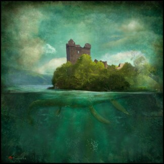 On a lush island, the castle "Under the Castle (Loch Ness)" overlooks water where a mythical sea creature with a long neck and flippers swims quietly beneath the surface.