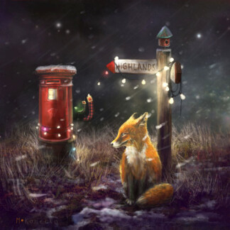 Postfox features a fox in snowy grass beside a red British postbox, a "Highlands" wooden signpost with glowing string lights, and a scarfed bird, all set in gentle nighttime snowfall.