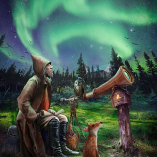 In “Astronomers,” a hooded figure sits on a rock in a forest, gazing through a telescope under green northern lights. Beside them are an owl, fox, and mouse, all gathered beneath the star-filled sky.