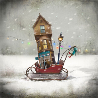 Moving House" features a whimsical illustration of a crooked house on a red sleigh adorned with string lights and a lamp post, set in a snowy landscape with gentle falling snow.
