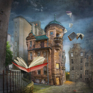 A magical scene of The Writers' Museum at dusk, with open books floating through the air, creating a whimsical and surreal atmosphere.