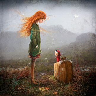 In a misty field, a girl with long red hair and a green coat gazes at a doll-like figure in red sitting on a suitcase as dandelion seeds float by and the distant castle emerges through the fog. Product: Take Me to the Castle.