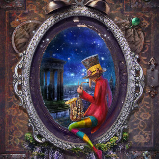 The "Tales from Edinburgh" features a whimsical figure in colorful attire and top hat, playing saxophone in an ornate oval frame. The frame opens to a starry night, ancient columns, gears, wisteria flowers, and vintage details surround the scene.