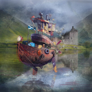 A whimsical Fishing Boat with mechanical legs stands partly in water near a Scottish castle and green hills, flying the Scottish flag. Mist surrounds the scene, creating a dreamy, steampunk-inspired atmosphere.