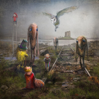 In Sinking Kingdom, odd long-nosed creatures in hats and colorful clothes stand on ancient railway tracks, while an owl soars overhead and a distant castle rests on an island beneath a cloudy sky.