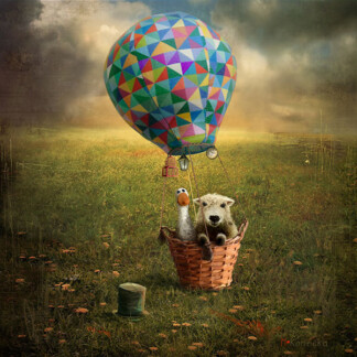 Best Friends Trip features a plush dog and toy duck in a wicker basket hot air balloon with a colorful patchwork balloon, soaring above a grassy field while a green top hat rests on the ground below.