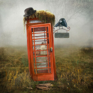 The Phonebox Cottage features a red British phone booth in a foggy field, topped with moss and a black bowler hat. A crow holds a "Welcome" sign above, while inside the booth, a person can be faintly seen.