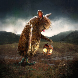 In "Heading North," a whimsical furry creature with large ears and a pink nose stands on grass, lantern in hand and glowing eyes shining, framed by dark mountains beneath a cloudy sky for a mysterious atmosphere.