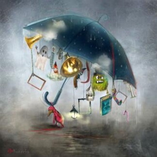 The product “Saving the Ideas” features a large blue umbrella floating in the rain with whimsical items like a ghost, mask, green monster, gnome, horn, picture frames, anchor, and candy cane hanging from it.