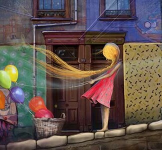 In "Valparaiso II," a girl in a red dress with long yellow hair holds colorful balloons by a door. Her hair stretches across the street to a small orange figure, set amid vibrant walls in a whimsical, urban dreamscape.