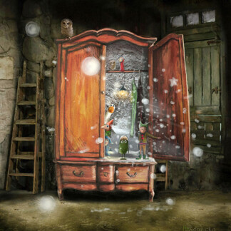 Step through "We Found the Way," a magical wooden wardrobe revealing a snowy forest with whimsical creatures and snowflakes inside, an owl perched atop, rustic decor, a ladder, and a green wooden door completing the enchanting scene.