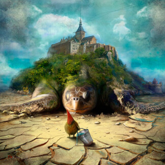 On cracked earth, "Low Tide" features a giant turtle carrying a green island with a castle on its shell. In the foreground, a gnome-like figure in a red hat holds a bucket and paintbrush, gazing at the turtle.