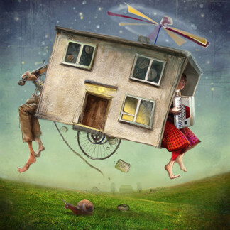 In "Song for Goodbye," a whimsical house floats above grass with two people inside—one playing accordion, the other cycling—as a giant propeller spins atop and a snail crawls below.