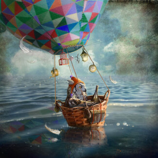 The Balloonist features a whimsical owl in an orange hat, seated in a wicker hot air balloon basket over water. Colorful balloons, lanterns, cages, and feathers surround the owl, creating a dreamy and surreal scene.