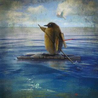 In "The Map," a fluffy bird stands on a wooden raft, holding a stick as it sails the blue sea with a map strapped to its back, while a white bird soars above under partly cloudy skies.