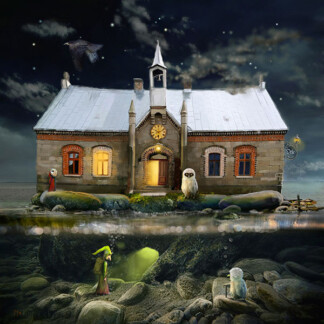 The “Hidden Entrance” depicts a whimsical house with a clock, perched on rocks above water at night. Warmly lit, owls sit outside while beneath, a figure explores a glowing underwater cave. A starry sky and bird flying above complete the scene.
