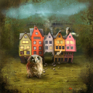 Owl the Battering Ram features a magical scene with whimsical, crooked houses and glowing windows. A wide-eyed, fluffy owl-like creature stands out front as another peeks from a rooftop, creating a surreal atmosphere.