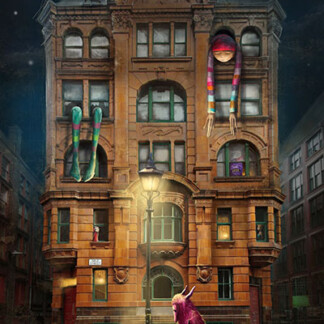 The artwork "Nightmare on Dale Street" depicts a whimsical city at night, where large, colorful creatures peer from windows and a pink, horned figure stands beneath a streetlamp on an empty sidewalk.