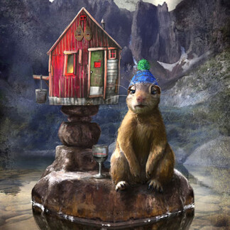 Portrait of the Last Gopher: A gopher in a blue knit hat sits on a rock in shallow water, next to a wine glass and a red house on stacked rocks, with misty mountains in the background.