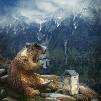 The "Morning Thoughts" scene depicts a marmot on rocky ground holding a blue mug beside a small lantern, set against snowy mountains and a cloudy sky. The whimsical, serene atmosphere makes it truly enchanting.