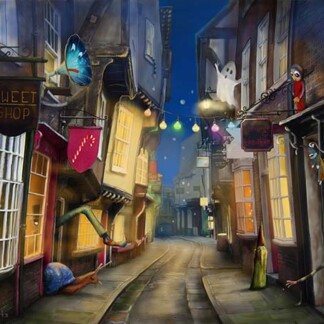 The Shambles shows a magical, narrow street at night with glowing shop signs, colorful hanging lights, large snails, a blue butterfly, a ghost, and a woman in a green cloak amid warmly lit windows.
