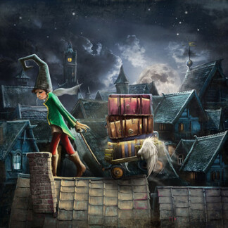 The Dreams Carrier features a whimsical figure in a tall hat pushing a cart of colorful suitcases across slanted rooftops under a starry sky and full moon, with old houses and a clock tower in the background.