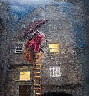 A whimsical scene from "Escape from Bakehouse Close" shows a furry pink creature with an umbrella scaling a ladder to a hot air balloon above a stone house in the rain, while below, a small animal in a raincoat gazes up from the cobblestone street.