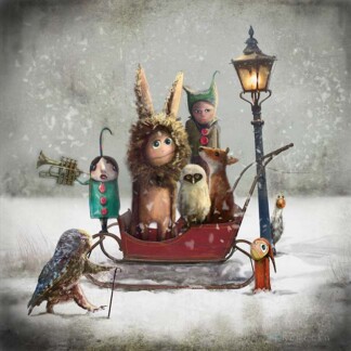 Winter": Doll-like children, including one in a bunny costume, sit on a red sleigh in the snow surrounded by quirky animals and birds near an old-fashioned streetlamp—a magical, surreal scene.