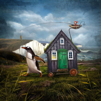 In "House by the Cliff," a large penguin pulls a small wheeled wooden house with a green door through grassy fields, as a tiny person in a red hood rides on the roof and dangles a fish. White cliffs and blue sky complete the scene.