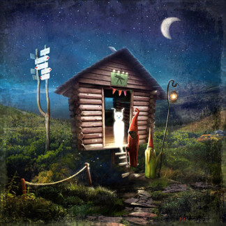 A whimsical night scene, titled "Viewing Point," features a log cabin on stilts with a glowing white cat and two red gnome-like figures at the door, surrounded by greenery under a crescent moon and stars, with a lamp and signpost nearby.