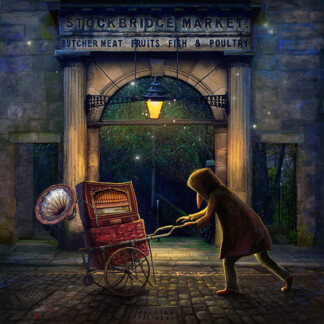 A person in a hooded coat pushes the Organ Grinder, a vintage cart with a gramophone, past the illuminated entrance of Stockbridge Market at night, under a glowing lantern along cobblestone streets.