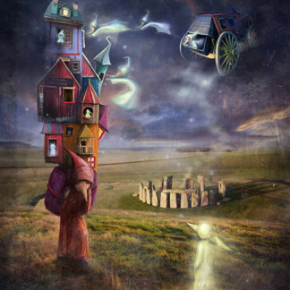 Secret Beliefs features a tall, crooked house of colorful rooms, a hooded figure, ghostly child, glowing spirits, flying carriage, and Stonehenge beneath a moody sky—evoking whimsy and intrigue.