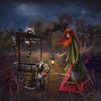 A girl with long red hair holds a lantern and bucket, facing a raccoon by a stone well at night in “First Snow.” Another raccoon sits on the well’s roof as red leaves swirl beneath the starry sky.