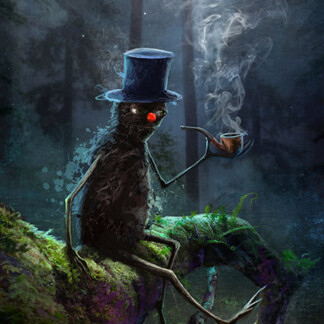 The Pipe Smoker's Tree features a whimsical, dark creature with a red nose, pipe, and blue top hat perched on a mossy tree branch in a misty, moonlit forest shrouded in fog and eerie light.