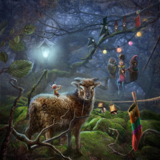 The "Enchanted" scene features a sheep with a mouse on its back in a misty forest, surrounded by whimsical, owl-like creatures in hats on branches adorned with lanterns, string lights, and colorful stockings.