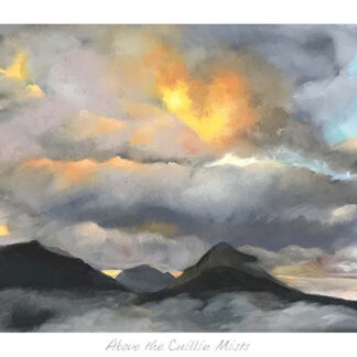The image depicts a panoramic landscape painting with dramatic clouds over shadowy mountains and hints of a sunset or sunrise in the sky. By Margaret Evans