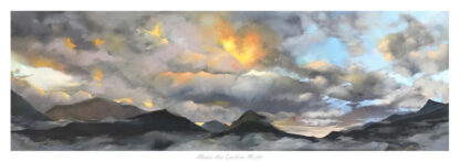 The image depicts a panoramic landscape painting with dramatic clouds over shadowy mountains and hints of a sunset or sunrise in the sky. By Margaret Evans