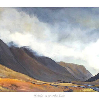 A panoramic painting of a mountainous landscape with a mix of sunlit areas and shadowy clouds. By Margaret Evans