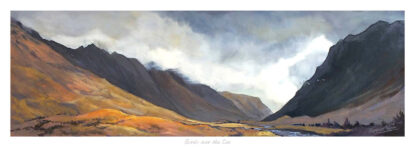 A panoramic painting of a mountainous landscape with a mix of sunlit areas and shadowy clouds. By Margaret Evans