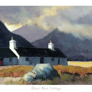 A painting of a quaint white cottage with a dark mountainous background and dramatic sky. By Margaret Evans