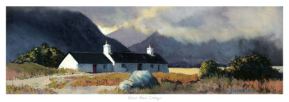 A painting of a quaint white cottage with a dark mountainous background and dramatic sky. By Margaret Evans