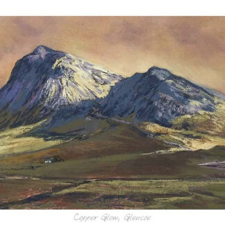 A panoramic painting depicting a snow-capped mountain with surrounding foothills and a sky with hues of yellow and purple. By Margaret Evans