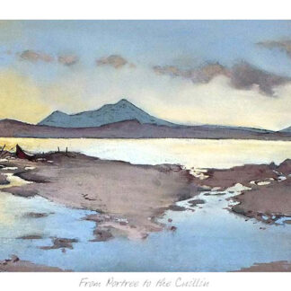 The image displays a tranquil, elongated landscape painting featuring boats, a cottage, and distant mountains under a cloudy sky. By Margaret Evans