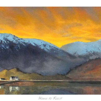 A panoramic painting of a mountainous landscape with a vibrant sunset sky reflected in water, featuring small buildings along the shore. By Margaret Evans