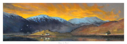 A panoramic painting of a mountainous landscape with a vibrant sunset sky reflected in water, featuring small buildings along the shore. By Margaret Evans