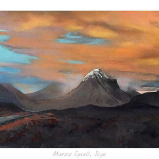 A painting of a scenic landscape featuring mountains under a colorful sky at what appears to be dusk or dawn. By Margaret Evans