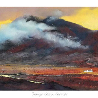 A panoramic painting depicting a vibrant, colorful landscape with mountains under a dramatic sky, possibly showing an eruption or fiery sunset. By Margaret Evans